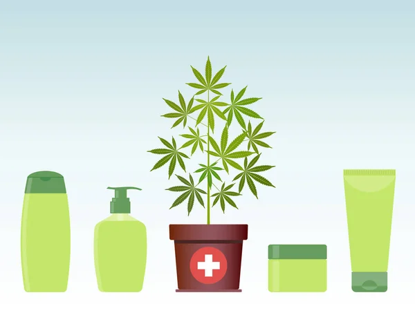 Marihuana Cannabis Plant Pot Met Hennep Cosmetische Producten Crème Shampoo — Stockvector