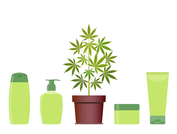 Marihuana Planta Cannabis Maceta Con Productos Cosméticos Cáñamo Crema Champú — Vector de stock