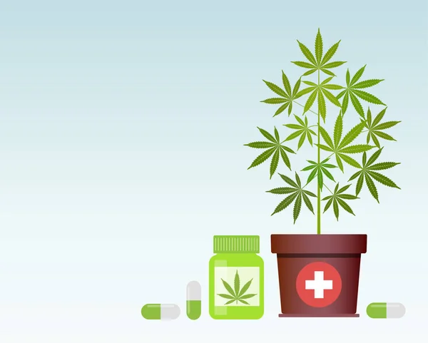 Fles met medische marihuana en medicinale cannabis pillen. Fles mock up. — Stockvector