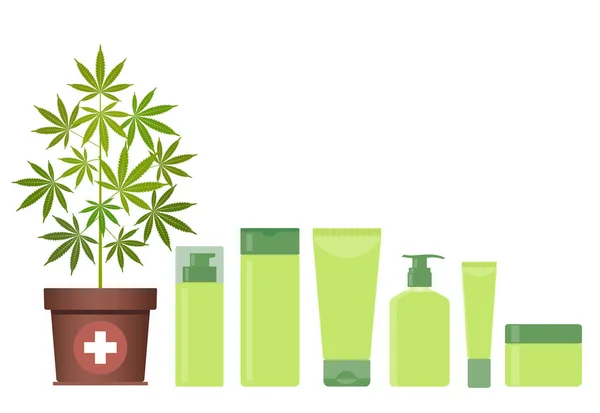 Marihuana o planta de cannabis en maceta con productos cosméticos de cáñamo. Crema, champú, jabón líquido, gel, loción, bálsamo . — Archivo Imágenes Vectoriales