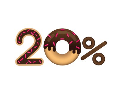 Satış Fiyatı yüzde 20 ve indirim. Beyaz arka plan üzerinde izole sır ile çörek şeklinde yapılan yazı. Gıda satışı.