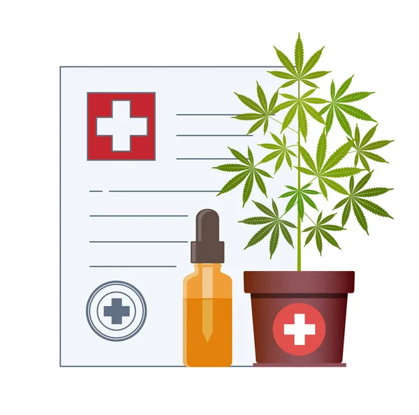 Planta de maconha e conta-gotas com óleo CBD. Óleo de Cannabis. Maconha medicinal em Saúde uma prescrição para maconha medicinal . —  Vetores de Stock