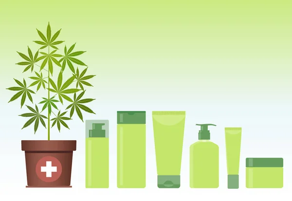 Marihuana nebo konopí rostlina v hrnci s kosmetické výrobky z konopí. Krém, šampon, tekuté mýdlo, gel, krém, balzám. — Stockový vektor