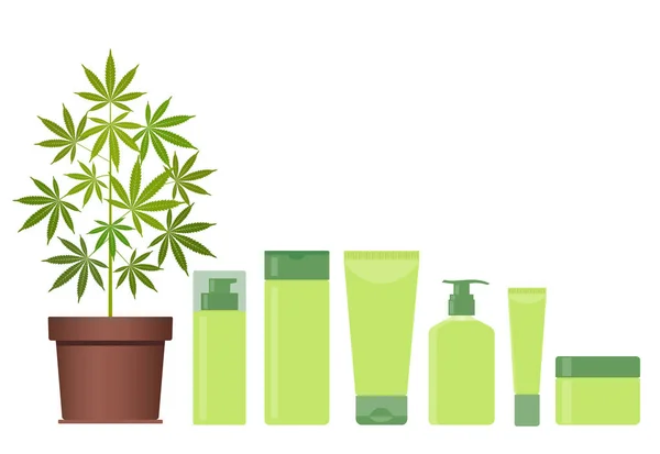 Marihuana o planta de cannabis en maceta con productos cosméticos de cáñamo. Crema, champú, jabón líquido, gel, loción, bálsamo . — Archivo Imágenes Vectoriales