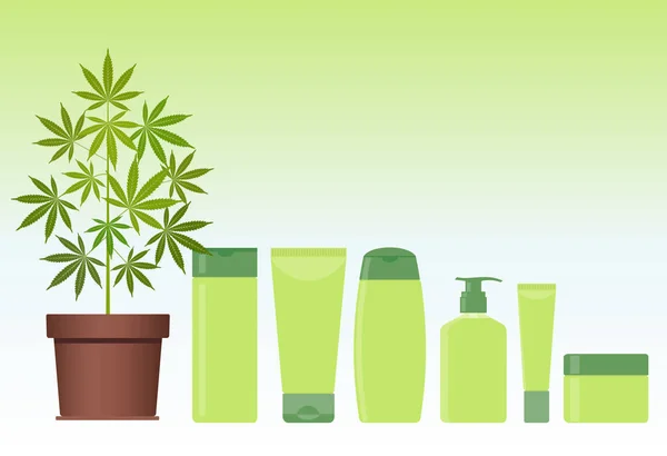 Marihuana o planta de cannabis en maceta con productos cosméticos de cáñamo. Crema, champú, jabón líquido, gel, loción, bálsamo . — Archivo Imágenes Vectoriales