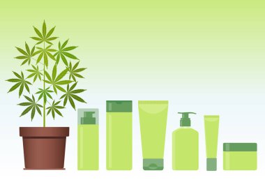 Marijuana or cannabis plant in pot with hemp cosmetic products. Cream, shampoo, liquid soap, gel, lotion, balm. clipart