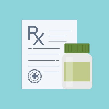 İlaç şişesi için hap, uyuşturucu, tablet, kapsül vitaminler. Tıbbi kapsül kapsayıcı. Tıbbi reçete Rx işareti.