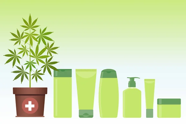 Marihuana oder Cannabispflanze im Topf mit Hanf-Kosmetikprodukten. Creme, Shampoo, Flüssigseife, Gel, Lotion, Balsam. — Stockvektor