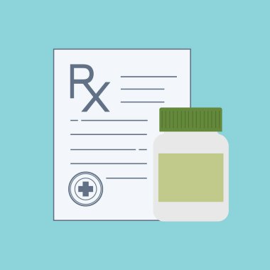 İlaç şişesi için hap, uyuşturucu, tablet, kapsül vitaminler. Tıbbi kapsül kapsayıcı. Tıbbi reçete Rx işareti.