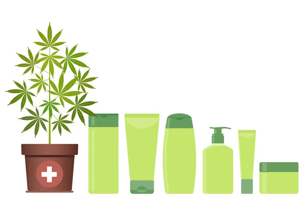 Marihuana nebo konopí rostlina v hrnci s kosmetické výrobky z konopí. Krém, šampon, tekuté mýdlo, gel, krém, balzám. — Stockový vektor