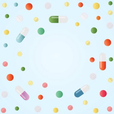 Çeşitli ilaç tıp hap, uyuşturucu, tablet, kapsül vitaminler. Vektör çizim kopya alanı ile mavi arka plan üzerinde.