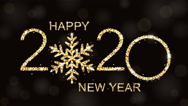 Siyah zemin üzerinde altın kar taneleri olan zarif bir 2020 Yeni Yıl Arkaplanı.