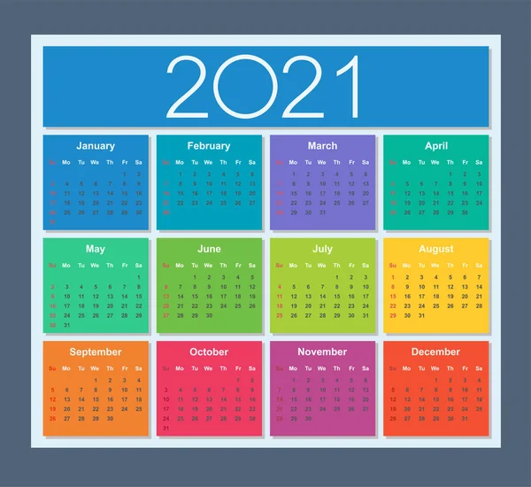 Calendario colorido para el año 2021. La semana comienza el domingo . — Vector de stock