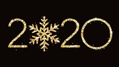 Yeni yılınız kutlu olsun. Siyah arka planda kar taneleri olan altın metin tasarımı..