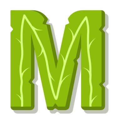 M harfi, yeşil yapraklar yaz vektör alfabesi. M yeşil harfinin basit logosu. Beyaz arkaplanda izole illüstrasyon.