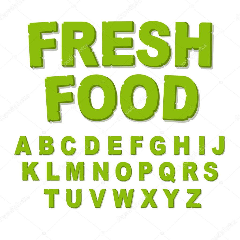 Vector green eco alphabet. Perfectly suited for healthy restaurants and green brands, like vegan places, cooking website, veggie recipes blog. Font for t-shirts and cards. Isolated illustration.