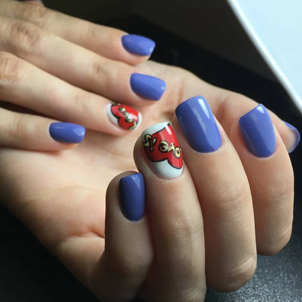 Heart Love Blue Color Nails Gel Polish Manicure — Stock Photo, Image