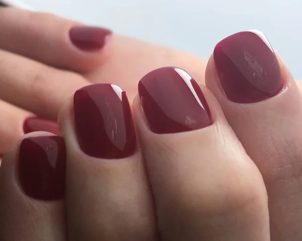 Sötét Piros Nagyszerűen Mutat Burgandy Nails Szépség Szalon — Stock Fotó