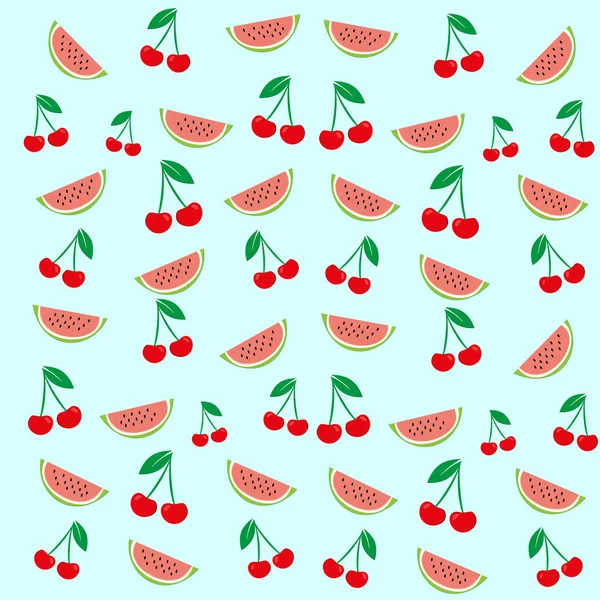 Die Vektortextur einer Kirschfrucht und Wassermelone ist auf einem farbigen Hintergrund isoliert. Illustration von Kirsche, Wassermelone, Fruchtprodukt für Hintergrund, Textur, Logo, Bild, Handel, Plakat. — Stockvektor