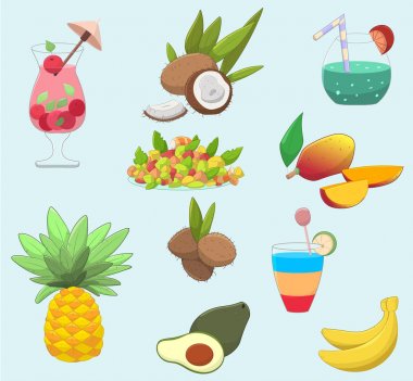 Küme sevimli tropic yiyecek ve içecek: kokteyller, hindistancevizi, salata, mango, ananas, avokado ve muz