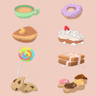 Yiyecek ve içecek koleksiyonu: Cappuccino, çörek, kruvasan, kremalı pasta, lolipop, Fransız tost, bisküvi ve krem puffs