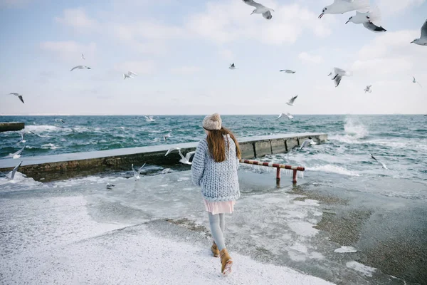 Rückansicht einer jungen Frau, die mit Möwen am winterlichen Meeresufer spaziert — Stockfoto