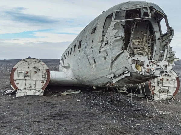 Wreckage of crashed airplane on the coast of iceland