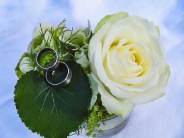 İki Gümüş Alyans krem gül buket düğün taşlar ile yakın çekim