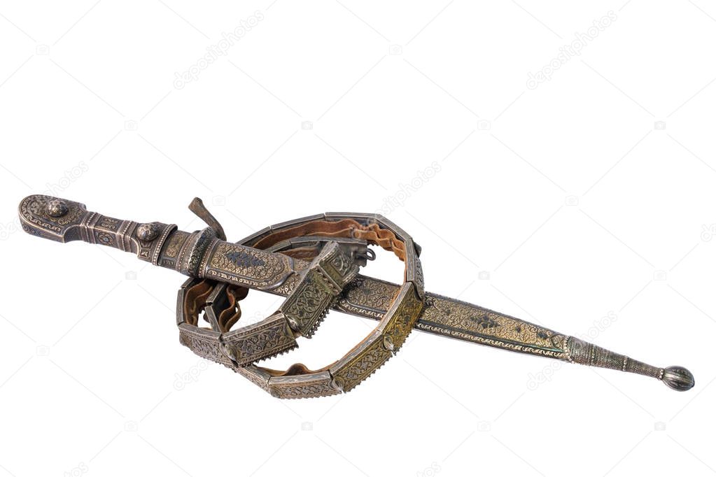 old silver dagger with an old silver belt on a white background, isolated