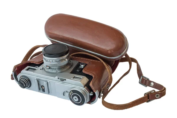 Vintage Silver Black Camera Brown Leather Case White Background Isolated — Stock Photo, Image