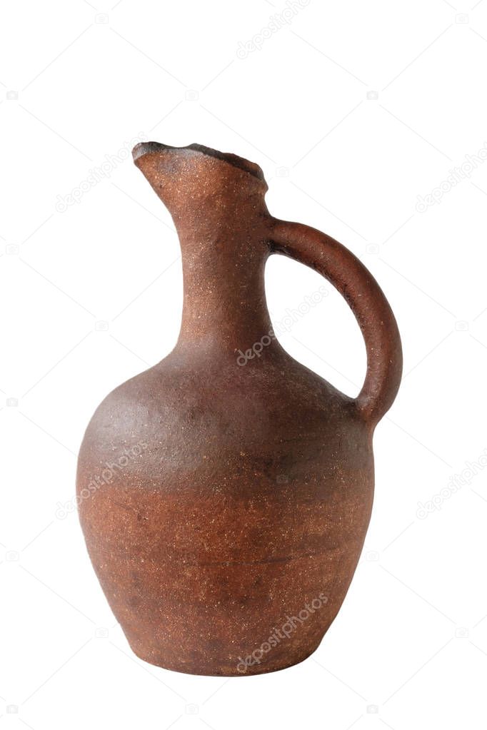 Georgian wine old clay jug on white background, isolated