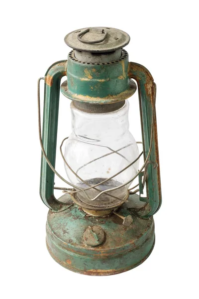 分離された古いビンテージ緑素朴な灯油ランプ — ストック写真