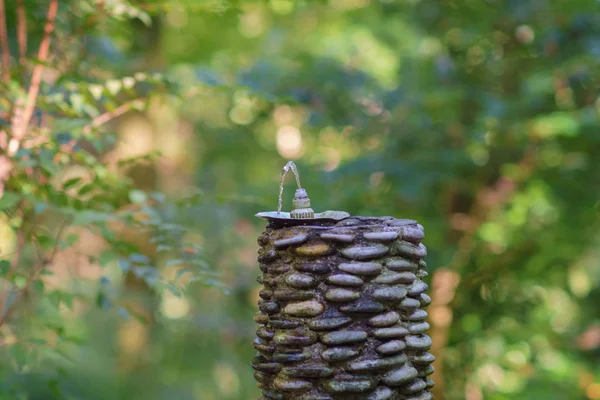 Fond Plantes Vertes Floues Fontaine Boire — Photo