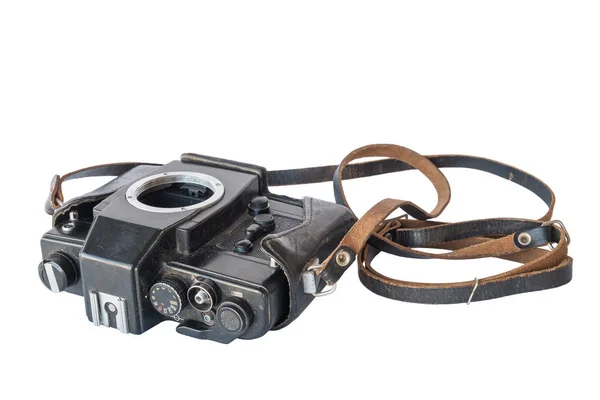 Alte Schwarze Vintage Kamera Ledertasche Auf Weißem Hintergrund Isoliert — Stockfoto