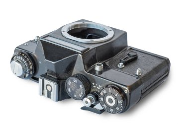 İzole beyaz zemin üzerine eski vintage siyah fotoğraf makinesi 