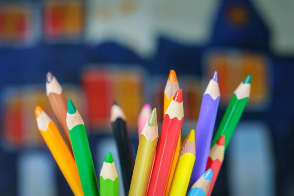Цветные Карандаши Фоне Рисунка Детей — стоковое фото