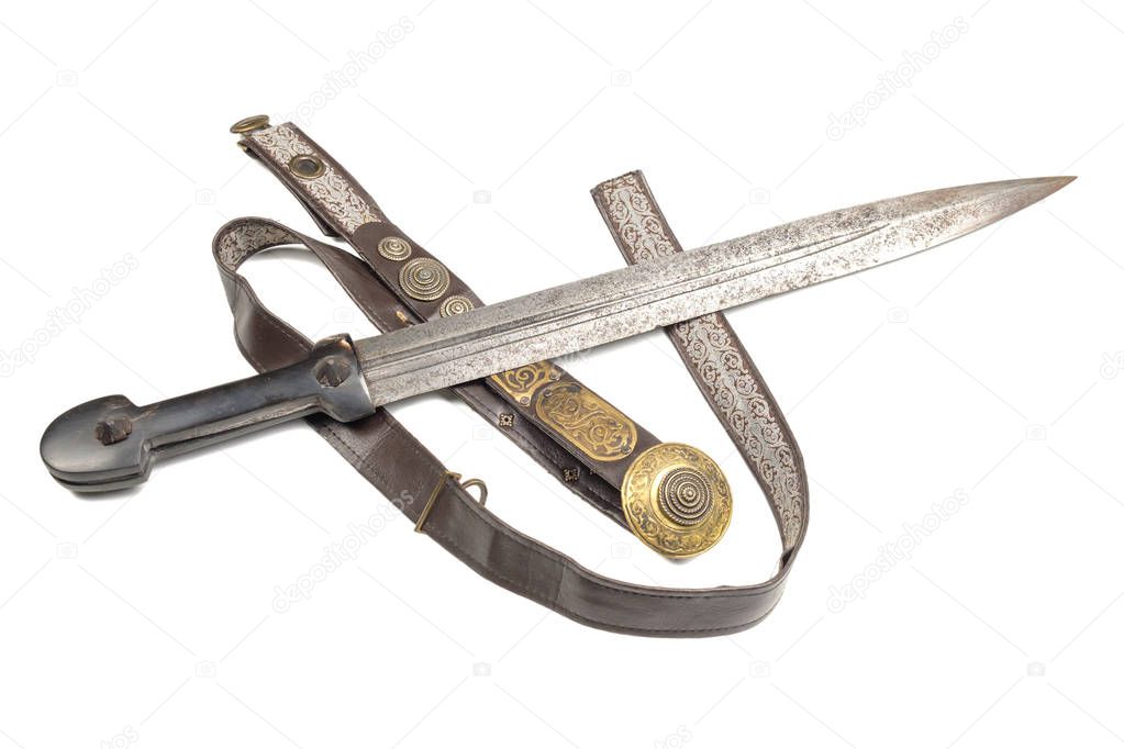 Old Caucasian dagger with a belt on a white background, isolated