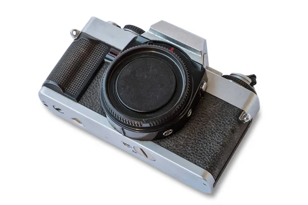 Oude Vintage Zwarte Zilveren Camera Witte Achtergrond Geïsoleerd — Stockfoto