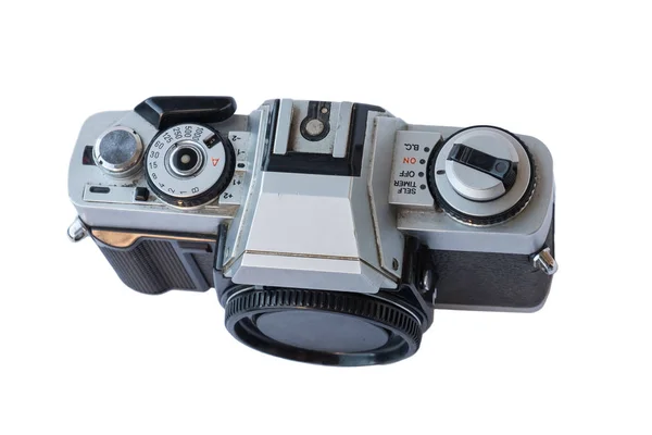 Vecchia Fotocamera Vintage Nera Argento Sfondo Bianco Isolato — Foto Stock