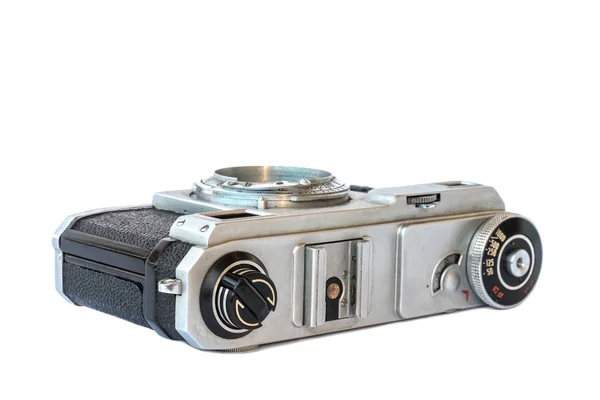 Old Vintage Black Silver Camera White Background Isolated — Stock Photo, Image