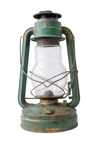 Una Vecchia Lampada Rustica Cherosene Verde Vintage Sfondo Bianco Isolata — Foto Stock