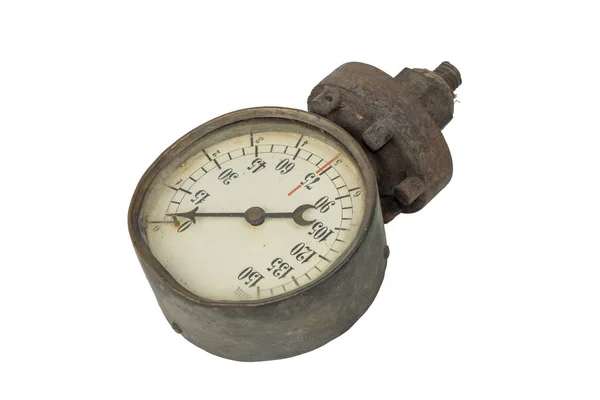 Oude Druk Watermeter Manometer Een Witte Achtergrond Geïsoleerd — Stockfoto