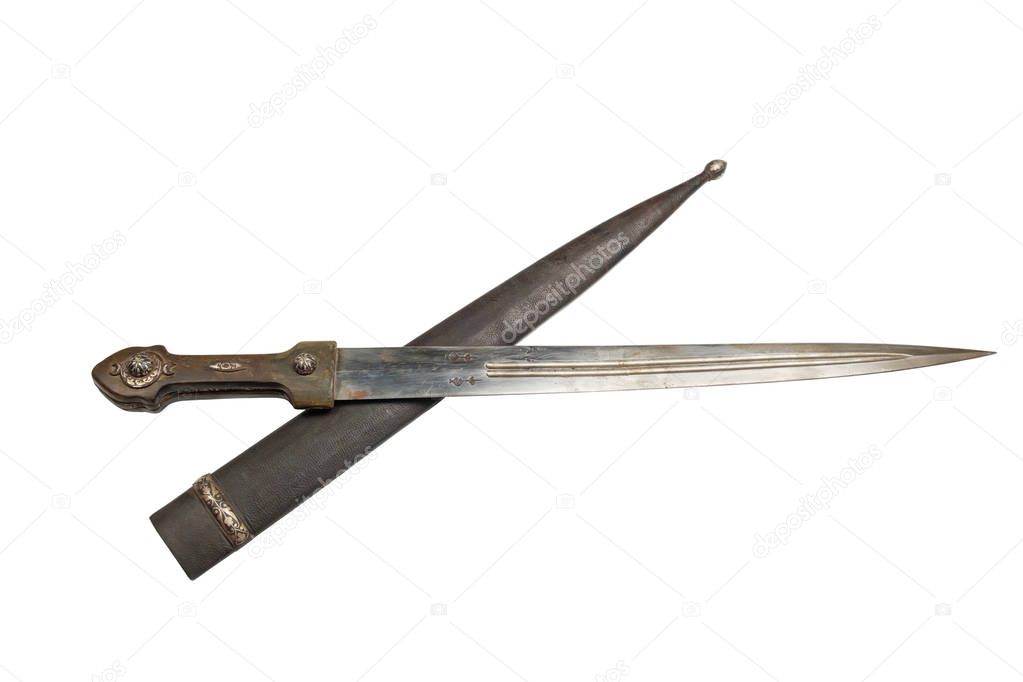 Old Caucasian dagger with a scabbard on a white background, isolated