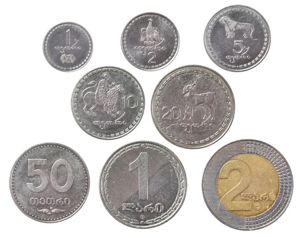 Všechny gruzínské mince tetri na bílém pozadí — Stock fotografie