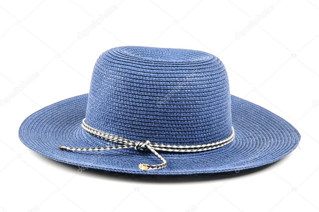 Fedora blue hat with black and white stripe on white background