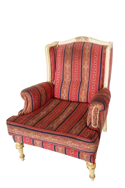 Винтажное деревянное кресло из слоновой кости, обтянутое полосатой красной тканью — стоковое фото