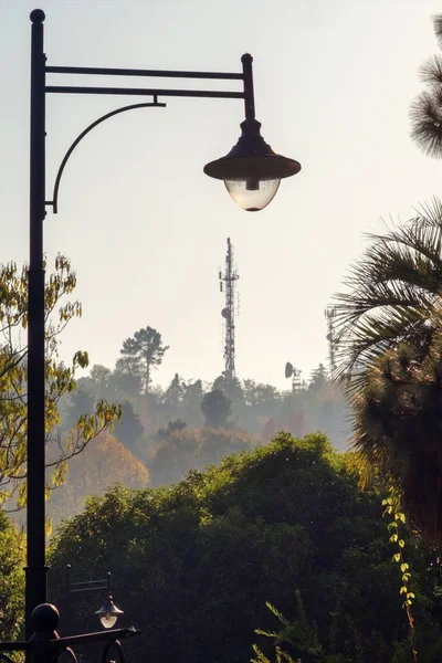 Egy régi lámpás sziluettje a parkban — Stock Fotó