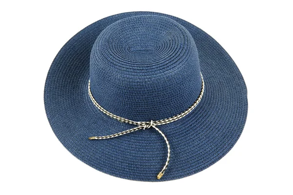 Fedora modrý klobouk s černým a bílým pruhem na bílém pozadí — Stock fotografie