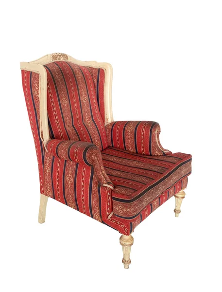 Fauteuil vintage en bois ivoire tapissé de tissu rouge rayé — Photo