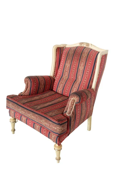 Fauteuil vintage en bois ivoire tapissé de tissu rouge rayé — Photo